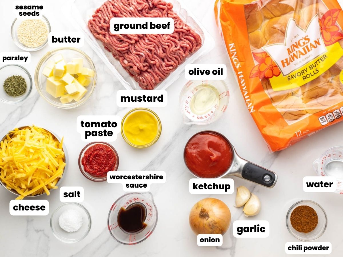 The ingredients needed to make Sloppy Joe Sliders all in separate ramekins and containers and labeled.