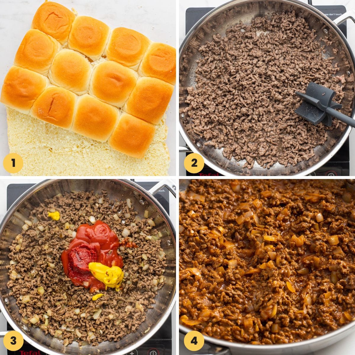 A four step collage showing a full container of Hawaiian rolls and how to make Sloppy joe filling.