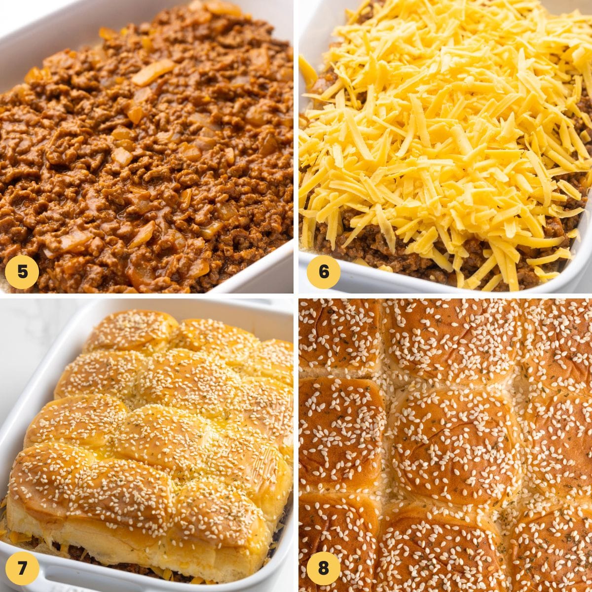 A four step collage showing how to assemble sloppy joe sliders on hawaiian rolls topped with sesame seeds inside a baking dish.