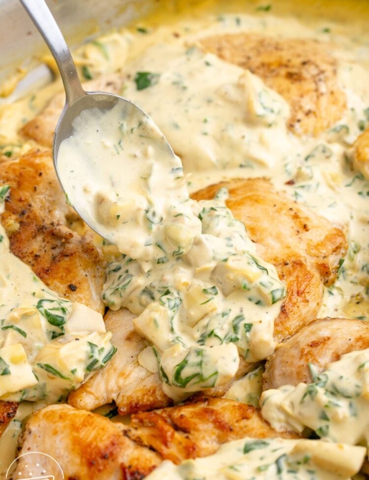 chicken in a skillet. A spoon is adding creamy sauce with spinach and artichokes over each piece of chicken.