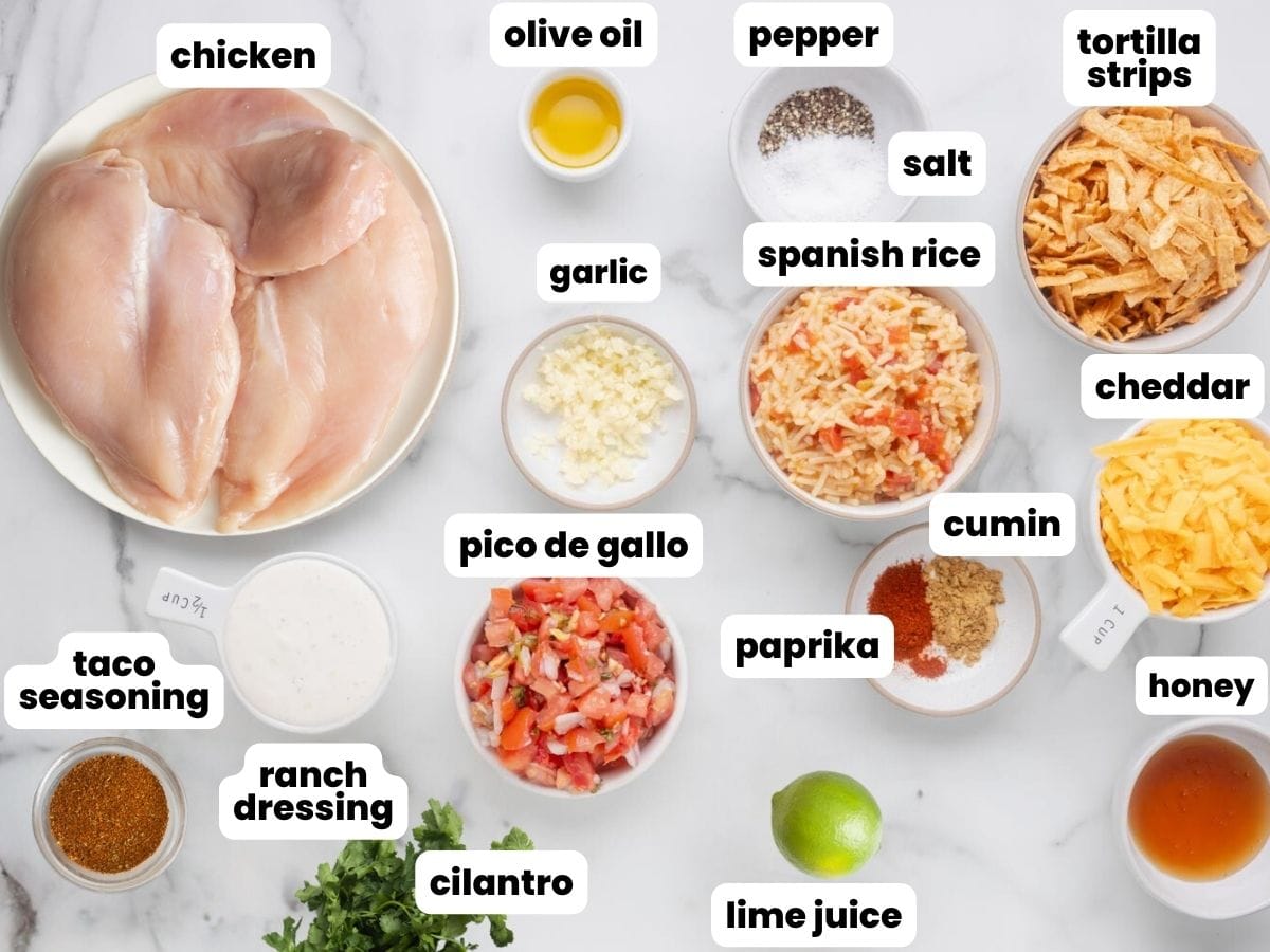 The ingredients needed to make a copycat of Applebee's Fiesta Lime Chicken with spanish rice and tortilla strips.