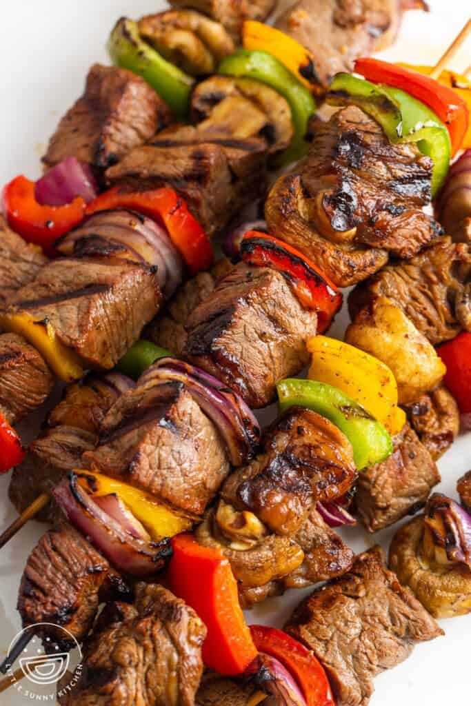 grilled, carmelized steak and veggie skewers.