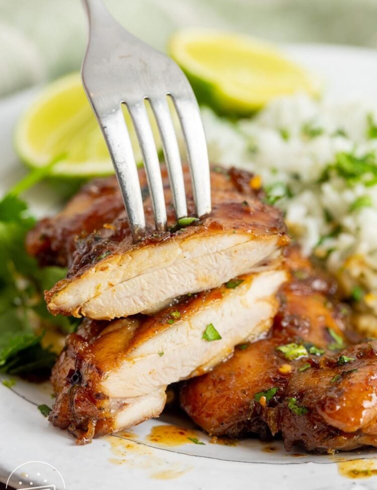 a honey lime chicken thigh cutlet, sliced to show the juicy texture of the meat.