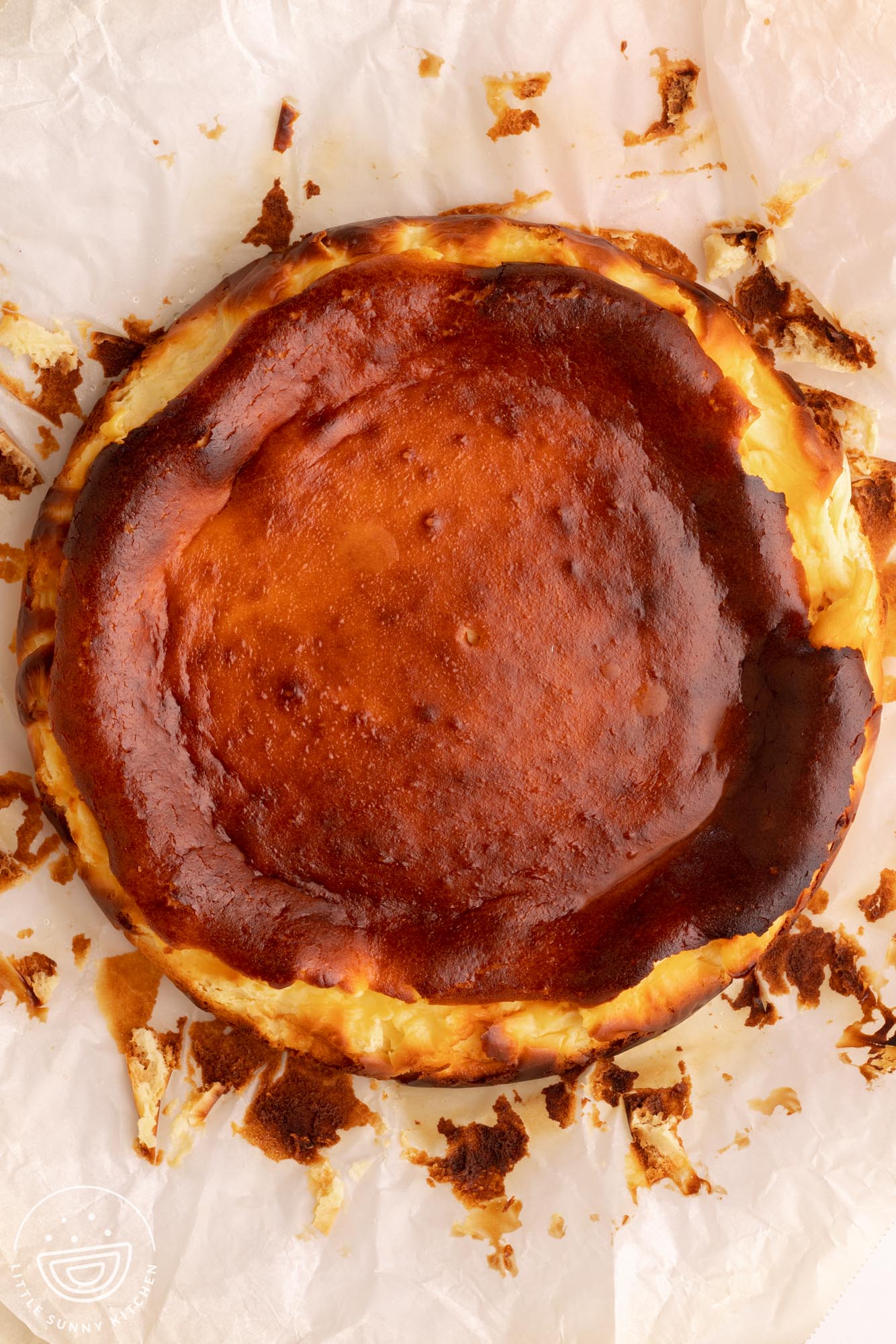 top down view of a baked basque cheesecake