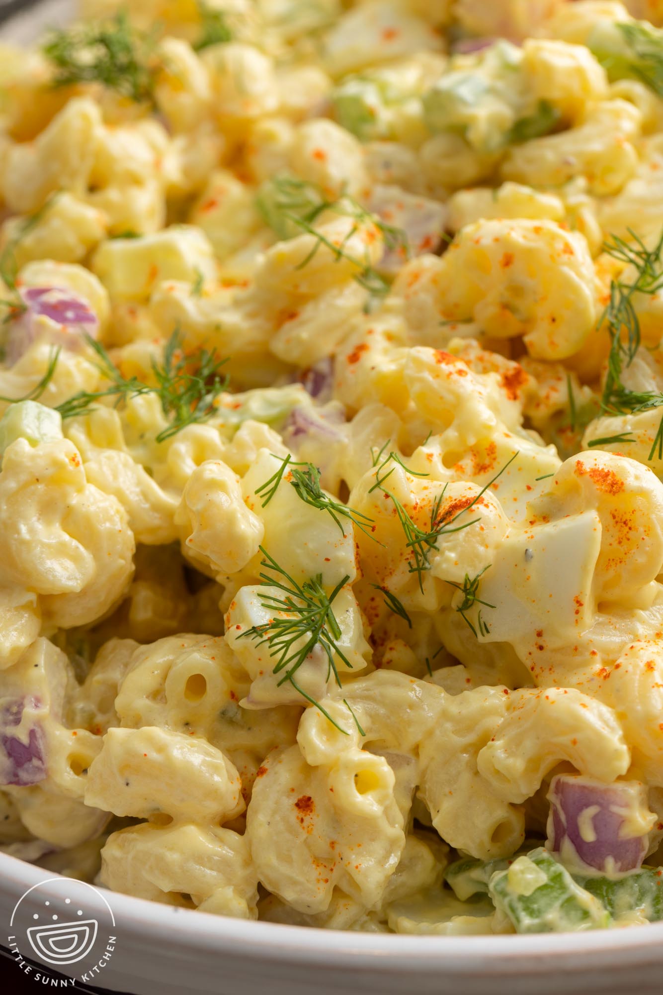 closeup of creamy deviled egg pasta salad