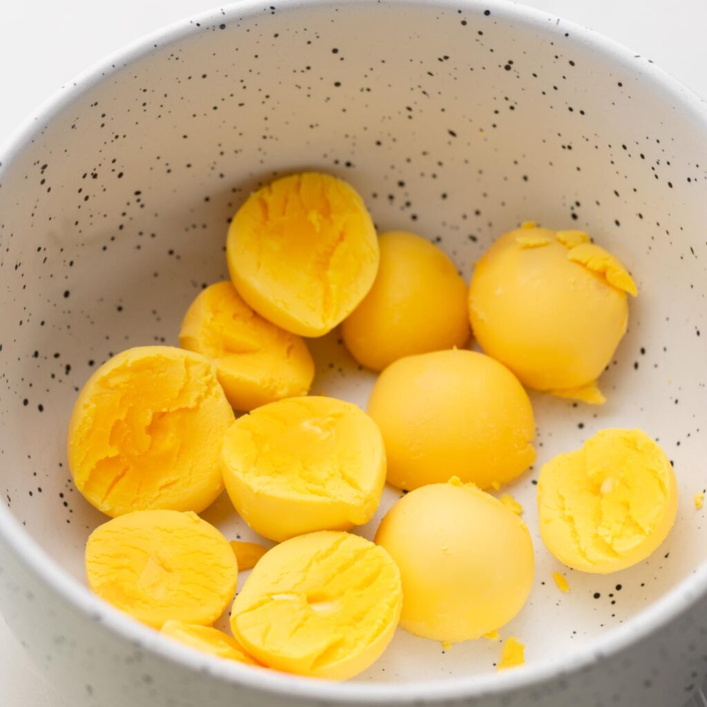 hard boiled egg yolks in a small bowl.