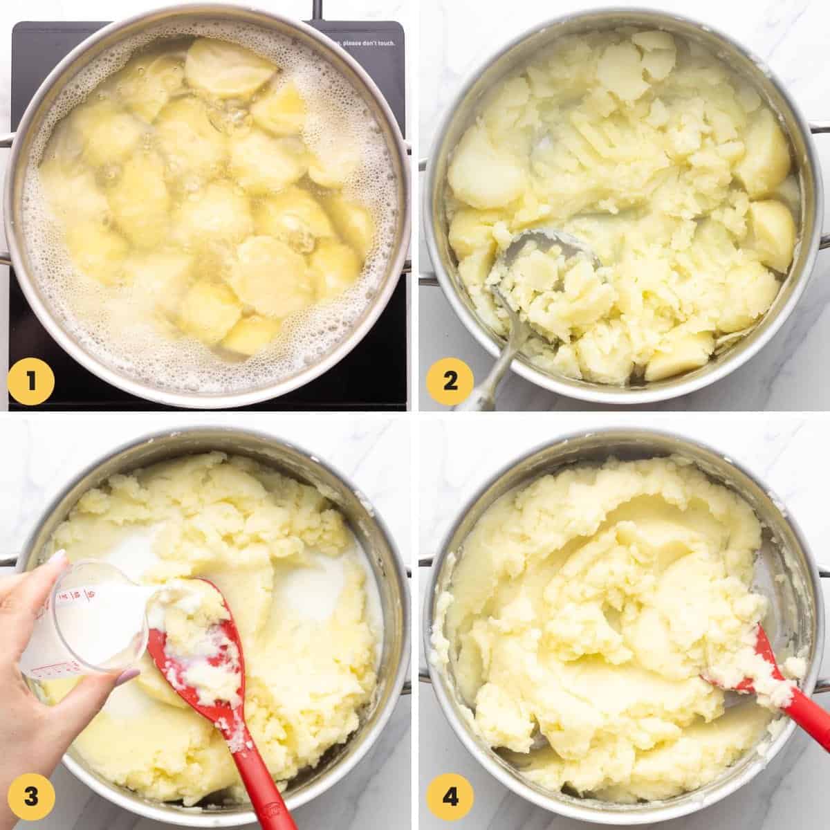 a collage of four images showing how to make mashed potatoes to top a classic fish pie.