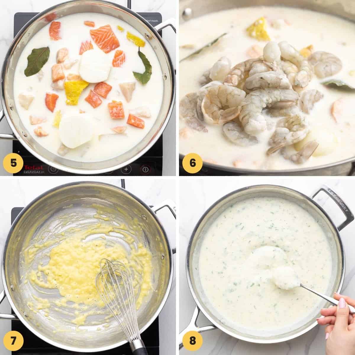 A collage of four images showing how to make fish stew for british fish pie.