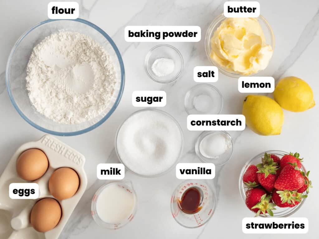 The ingredients needed to make strawberry pound cake