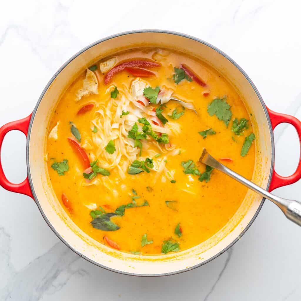 A finished pot of Thai curry soup with noodles added.