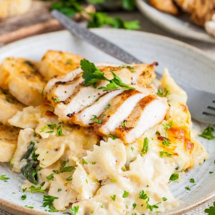 a dinner plate of pasta topped with chicken.