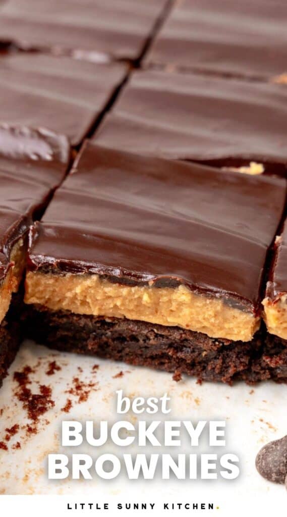 closeup of a pan of sliced buckeye brownies, showing a thick layer of peanut butter filling and chocolate frosting. The text overlay on the image says "best buckeye brownies"