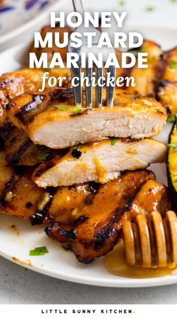 a plate of grilled chicken with honey mustard marinade. Text overlay says "honey mustard marinade for chicken"