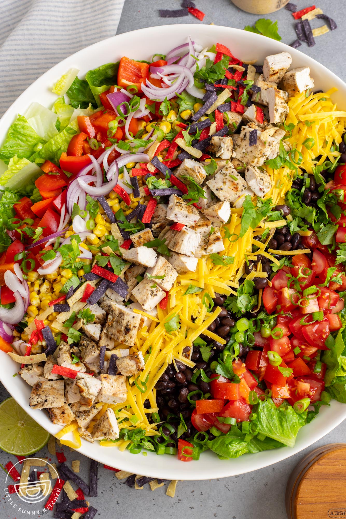 Overhead shot of tex mex chicken salad in a large bowl, with the components laid out in rows.