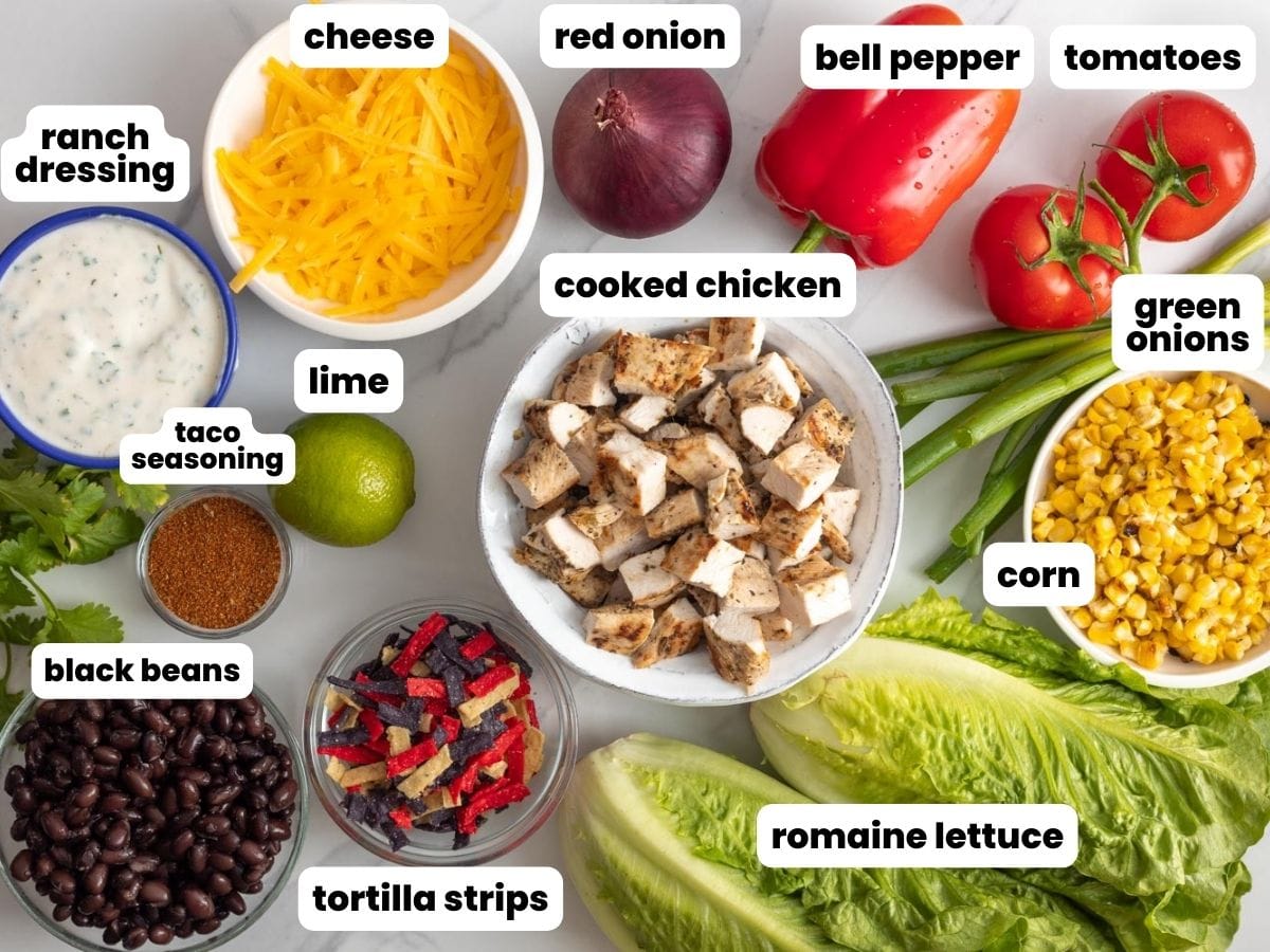 Ingredients needed to make a tex mex chicken salad including cooked chicken, ranch, lettuce, tomatoes, cheese, lime, bell pepper, onion, corn, and tortilla strips.