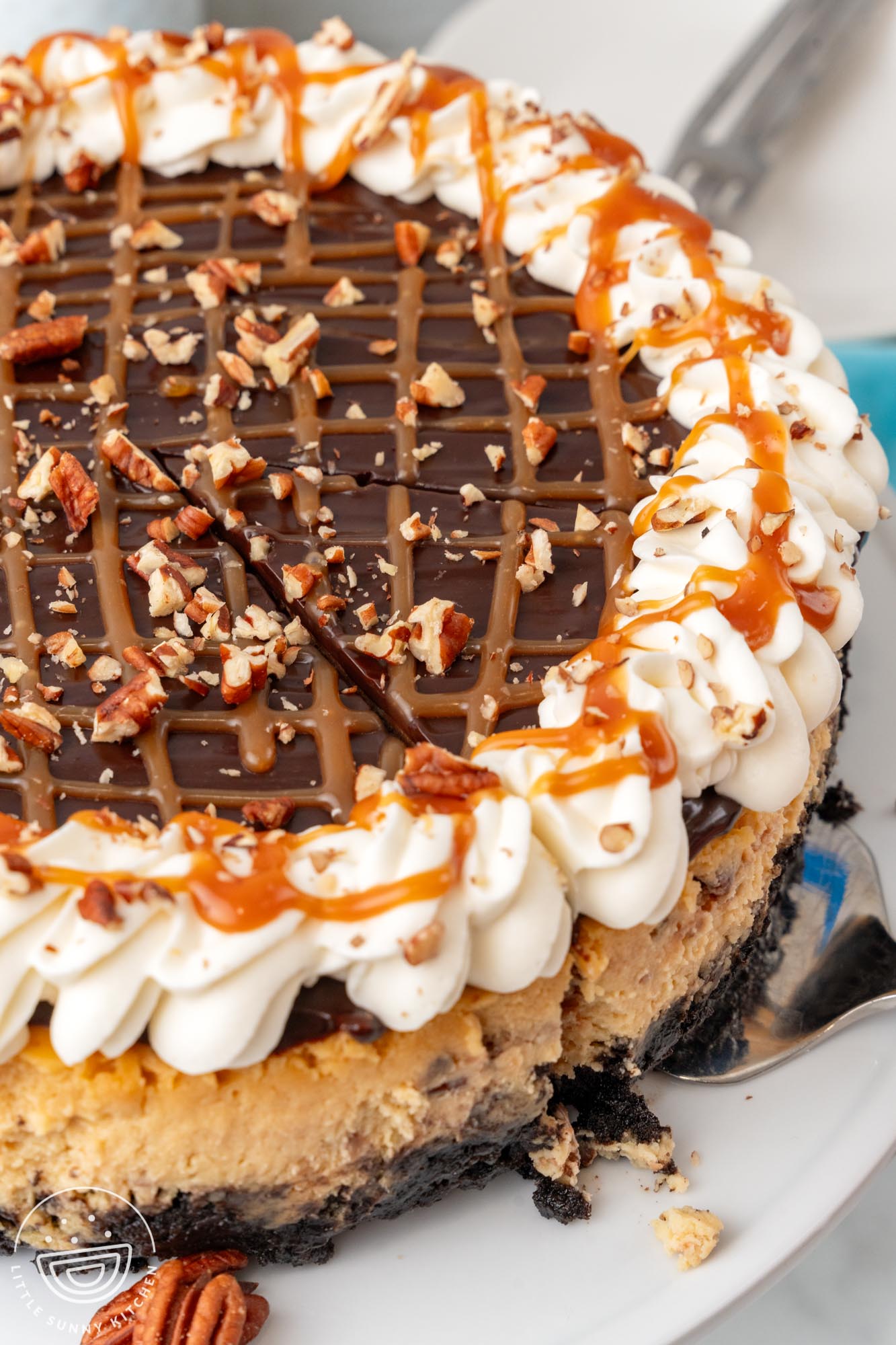 A whole turtle cheesecake topped with chocolate and caramel. A slice has been cut.