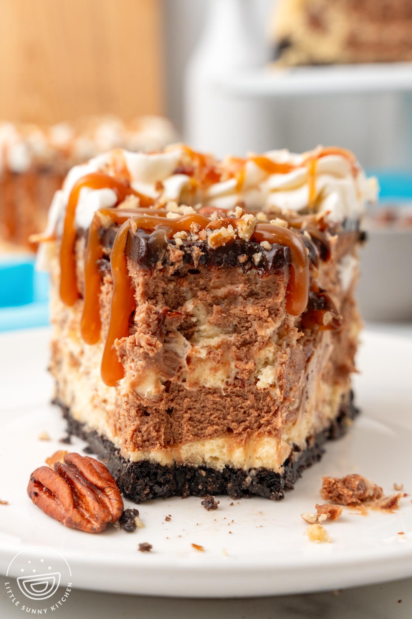 closeup of a slice of turtle cheesecake that shows an oreo crust, swirled chocolate an caramel filling, and a topping of chocolate ganache and nuts.