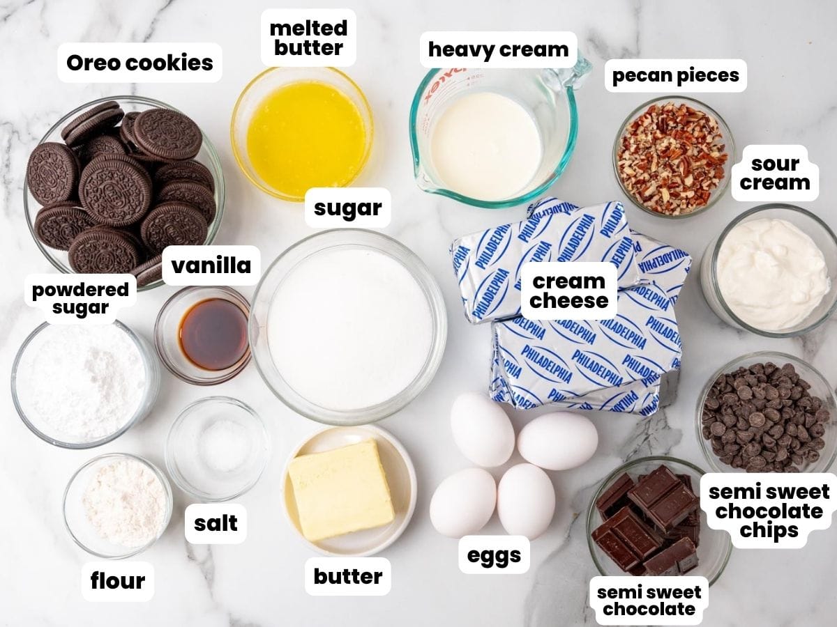 The ingredients needed to make Turtle Cheesecake with oreo crust. All measured into bowls and arranged on a marble counter.