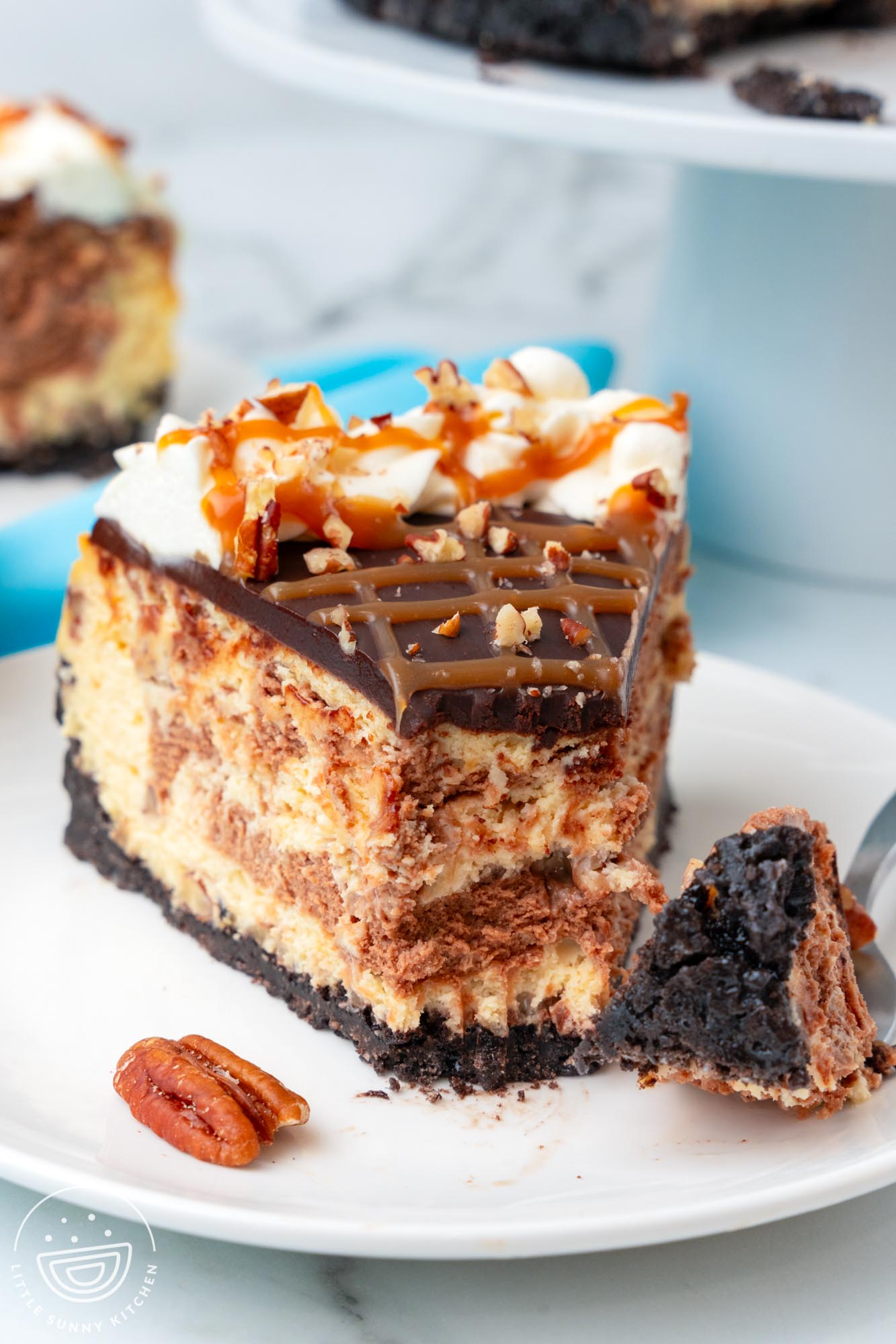 a slice of swirled turtle cheesecake on a plate. A fork has taken a bite from the tip of the slice.