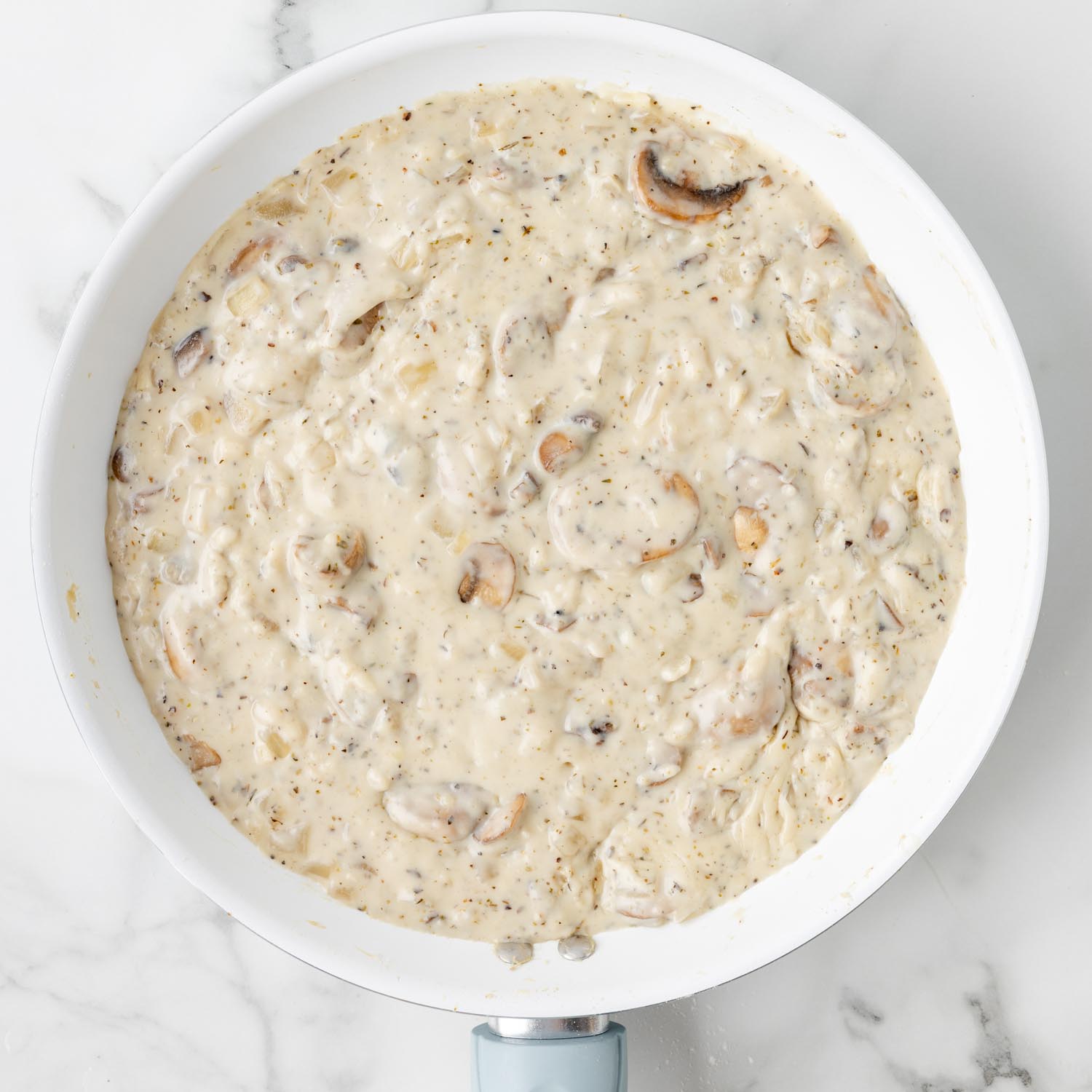 homemade mushroom sauce for casserole cooked in a skillet.