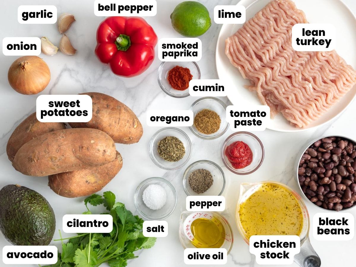 The ingredients needed to make a healthy ground turkey and sweet potato skillet dinner.