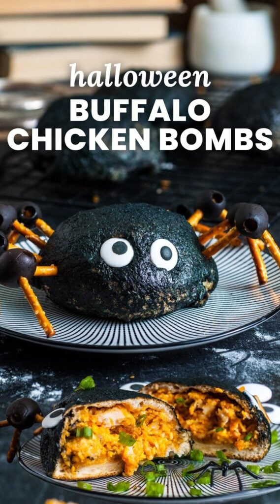 Buffalo chicken bombs, which are bread balls filled with buffalo chicken and cheese, decorated with black food coloring and pretzel and olive legs to look like giant spiders for Halloween.