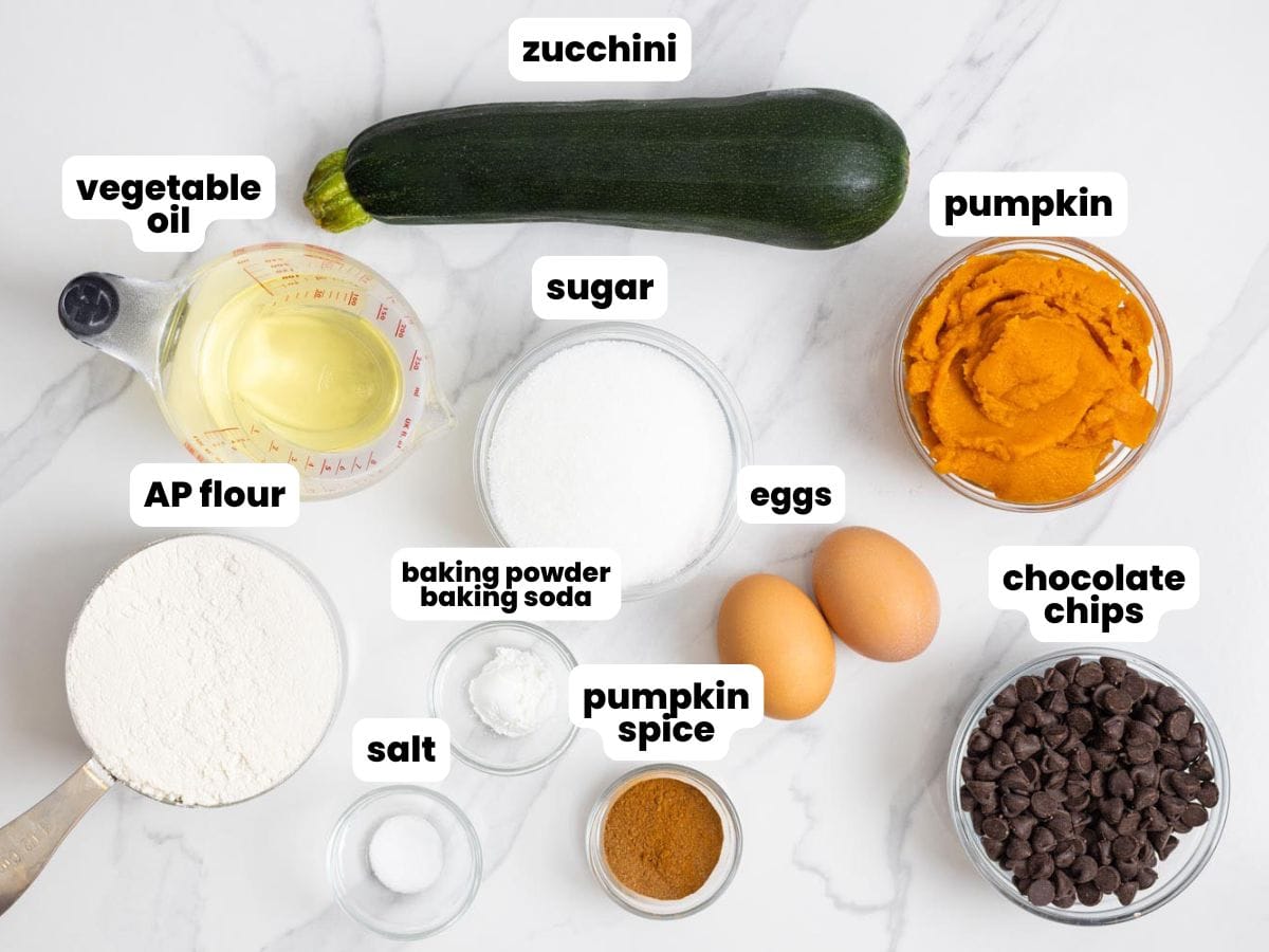 Ingredients for pumpkin zucchini bread on a marble counter: 1 zucchini, pumpkin puree, chocolate chips, 2 brown eggs, pumpkin spice, baking soda, salt, sugar, vegetable oil, and AP flour. All ingredients are in small glass bowls.