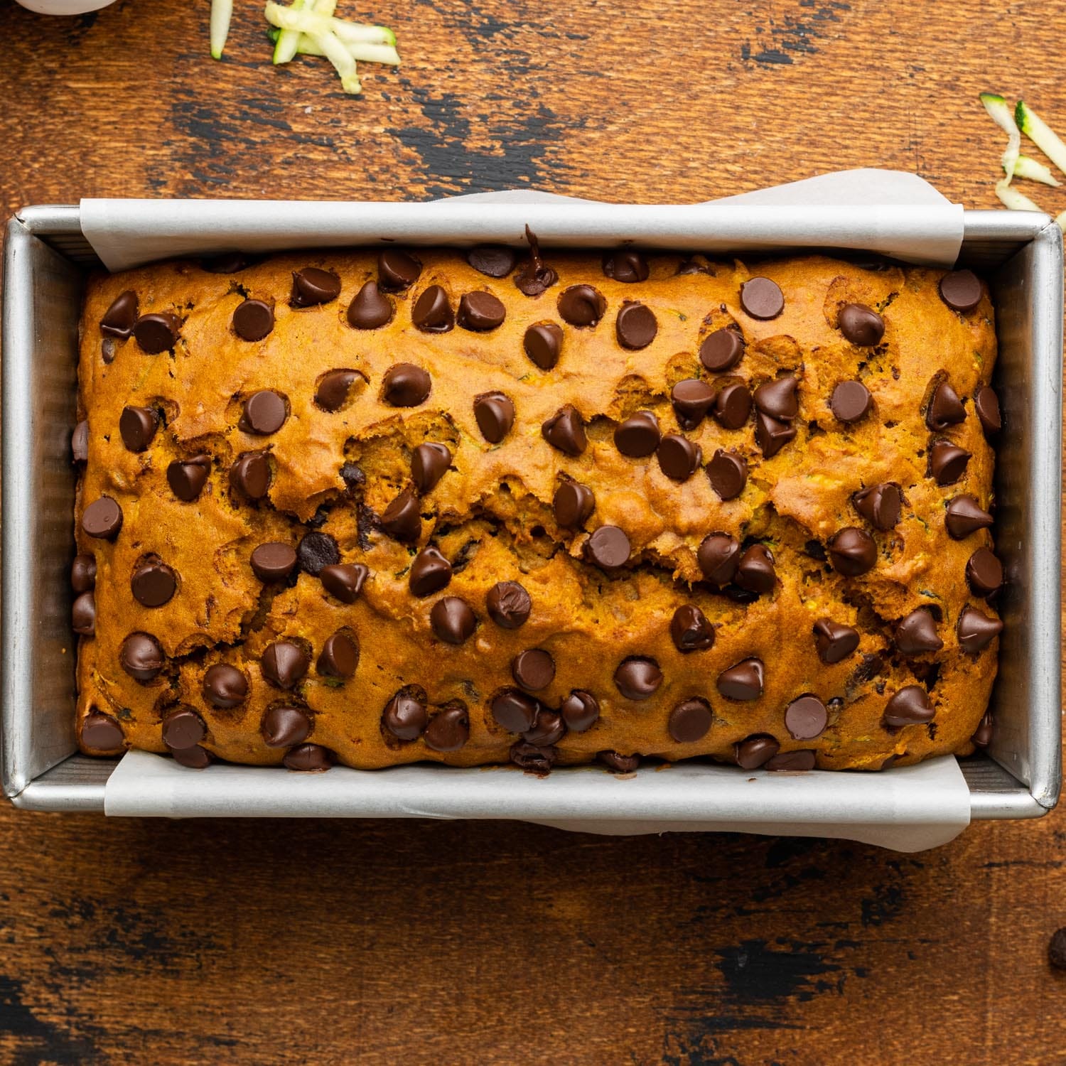 baked chocolate chip pumpkin zucchini bread in the pan.