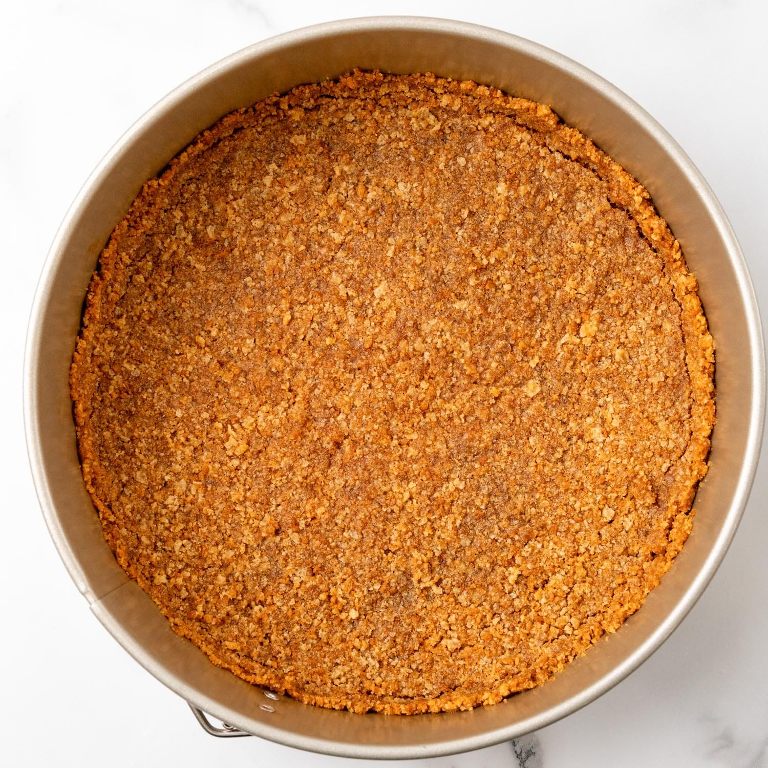 golden brown gingersnap cookie crust in a metal springform pan.