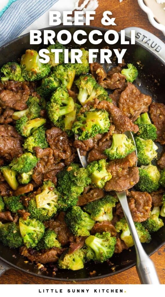 stir fried broccoli and beef in a skillet. Text overlay says "beef and broccoli stir fry"