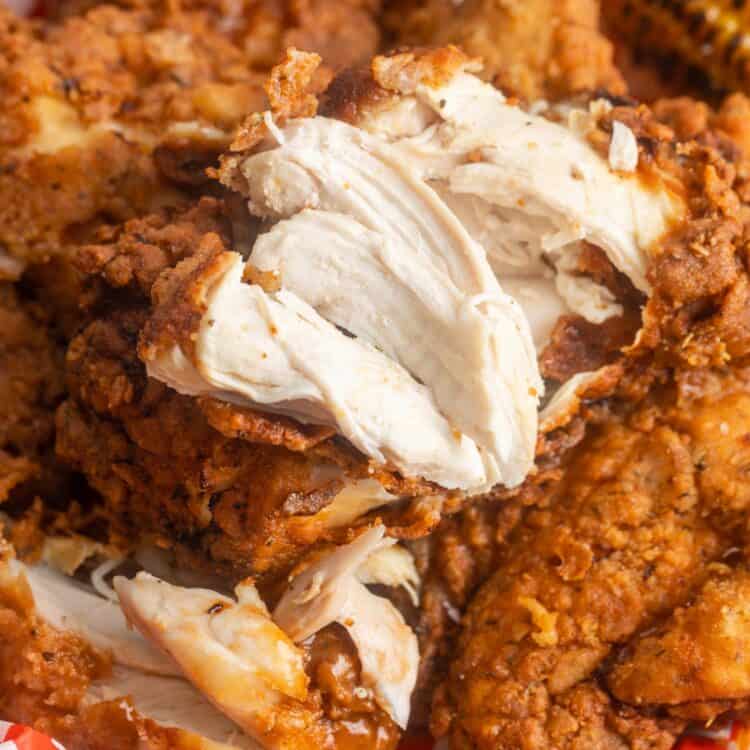 Fried chicken showing the texture inside