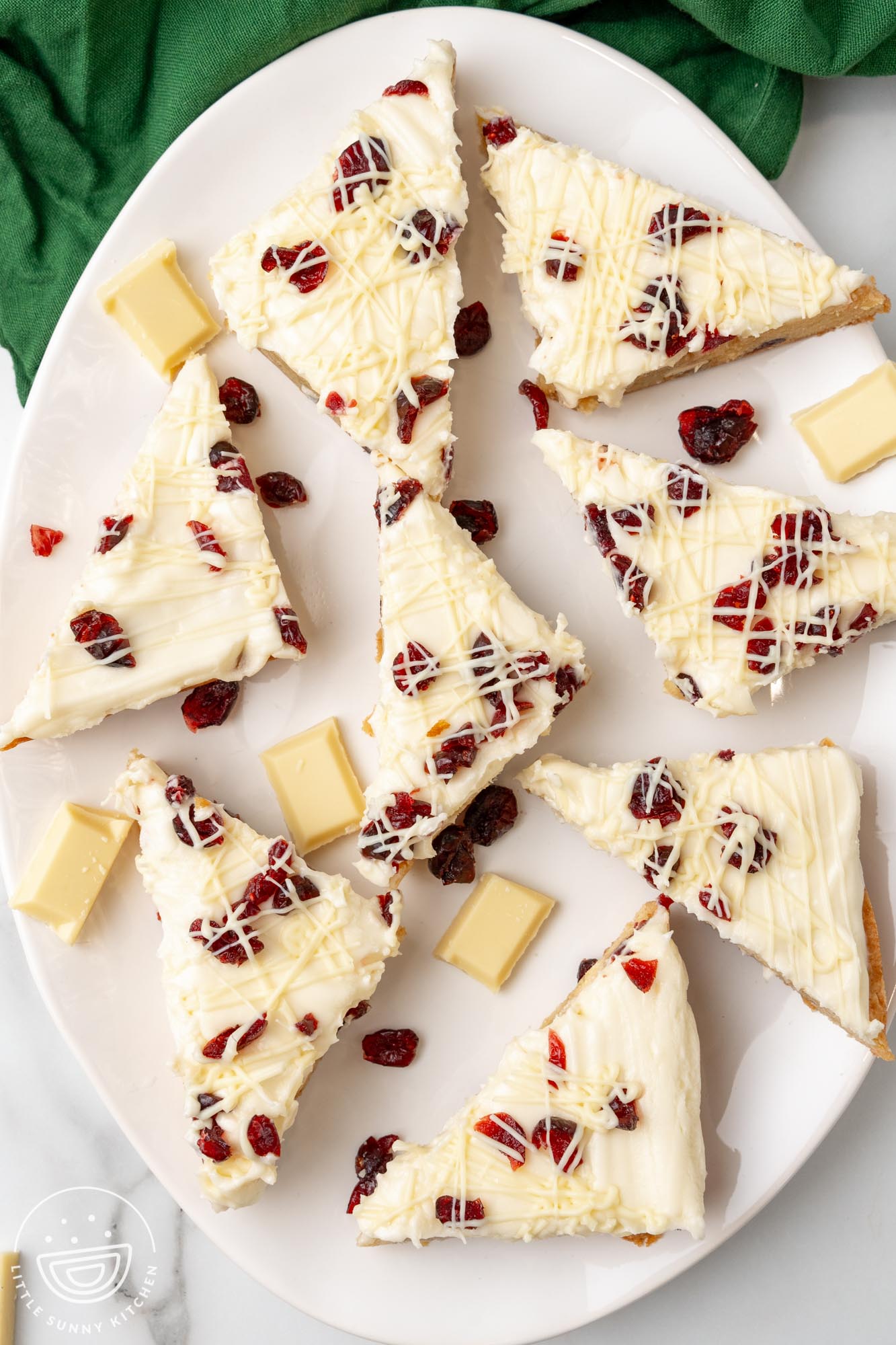 a platter of cranberry bliss bars, cubes of white chocolate, and dried cranberries.