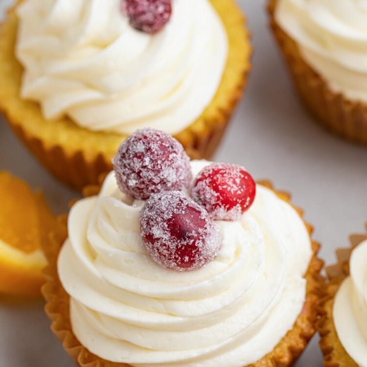 cranberry orange cupcakes, viewed from above. The cupcakes have vanilla frosting swirls and sugared cranberries on top.