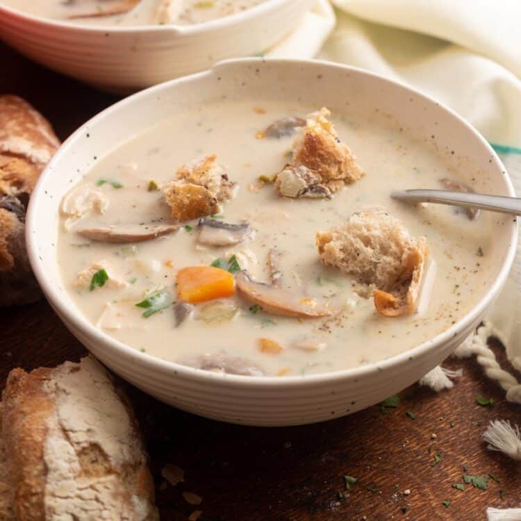 a bowl of creamy mushroom chicken soup with rustic bread croutons.