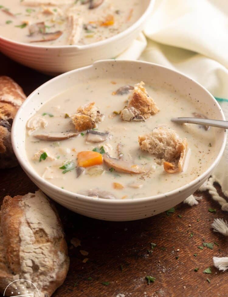 a bowl of creamy mushroom chicken soup with rustic bread croutons.