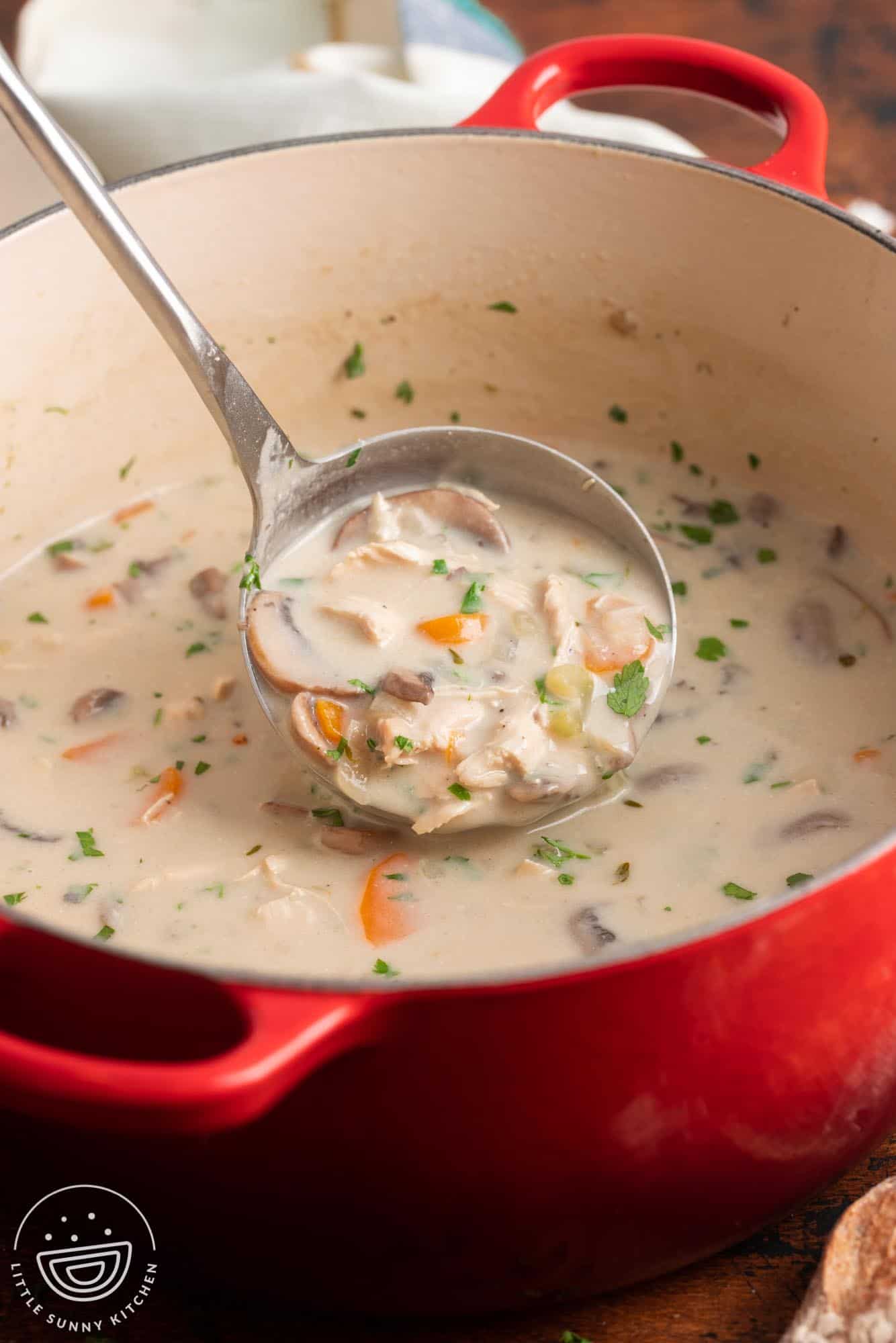 a dutch oven of homemade creamy chicken mushroom soup.