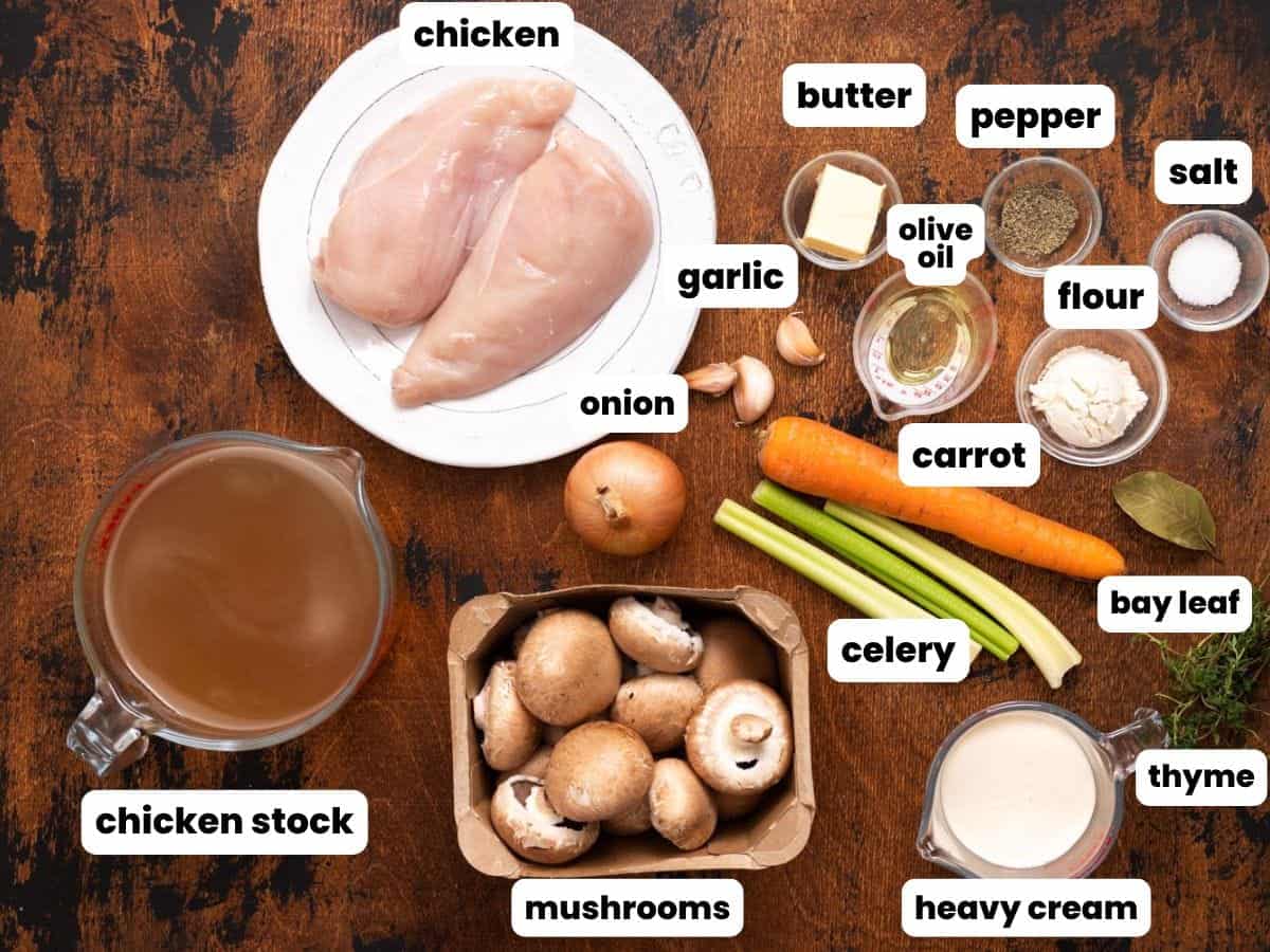 Ingredients for mushroom chicken soup: chicken breast, chicken stock, mushrooms, heavy cream, seasonings, onion, garlic, carrot, celery, flour, butter.