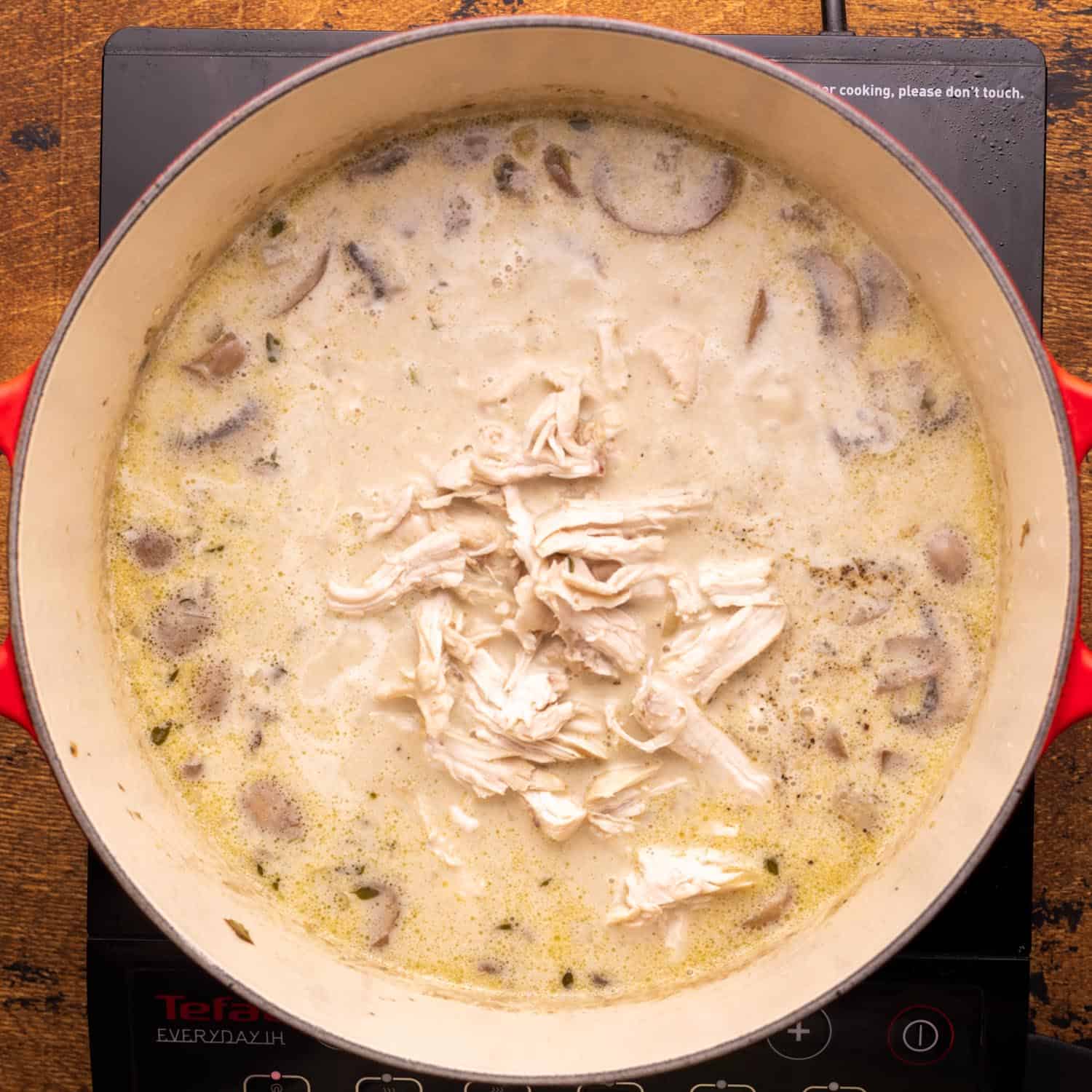 shredded chicken added to creamy mushroom soup.