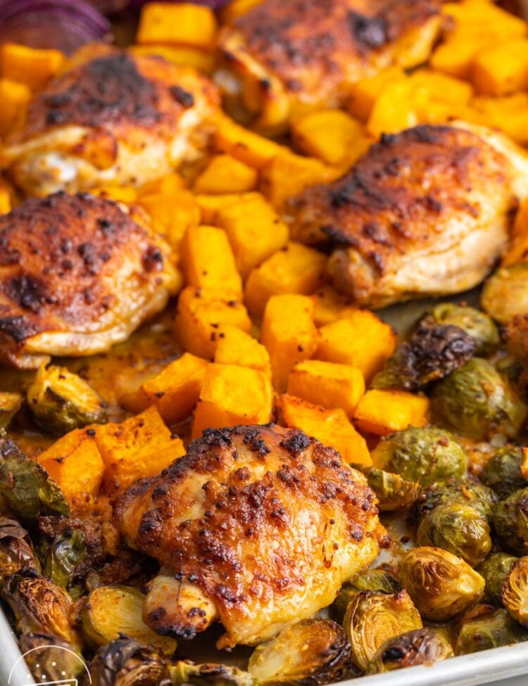 honey mustard chicken and fall veggies baked on a sheet pan.