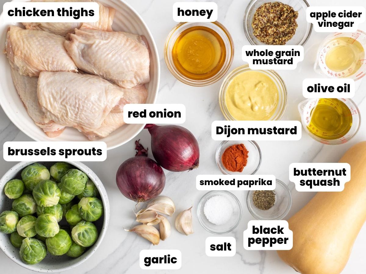 A bowl of raw chicken thighs with a bowl of brussel sprouts, a butternut squash, and the ingredients to make sheet pan honey mustard chicken thighs.