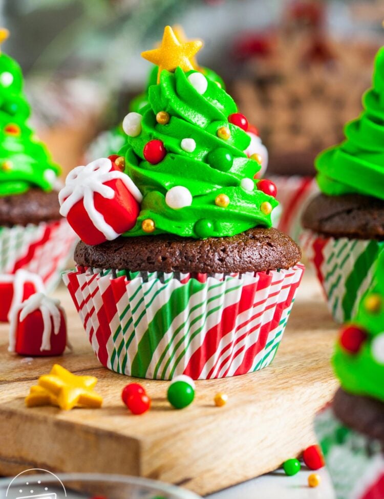 chocolate cupcakes in paper liners. Each has a swirl of icing in the shape of a tree on top and a gold star. sprinkles are added to look like ornaments and fondant packages are on the side.