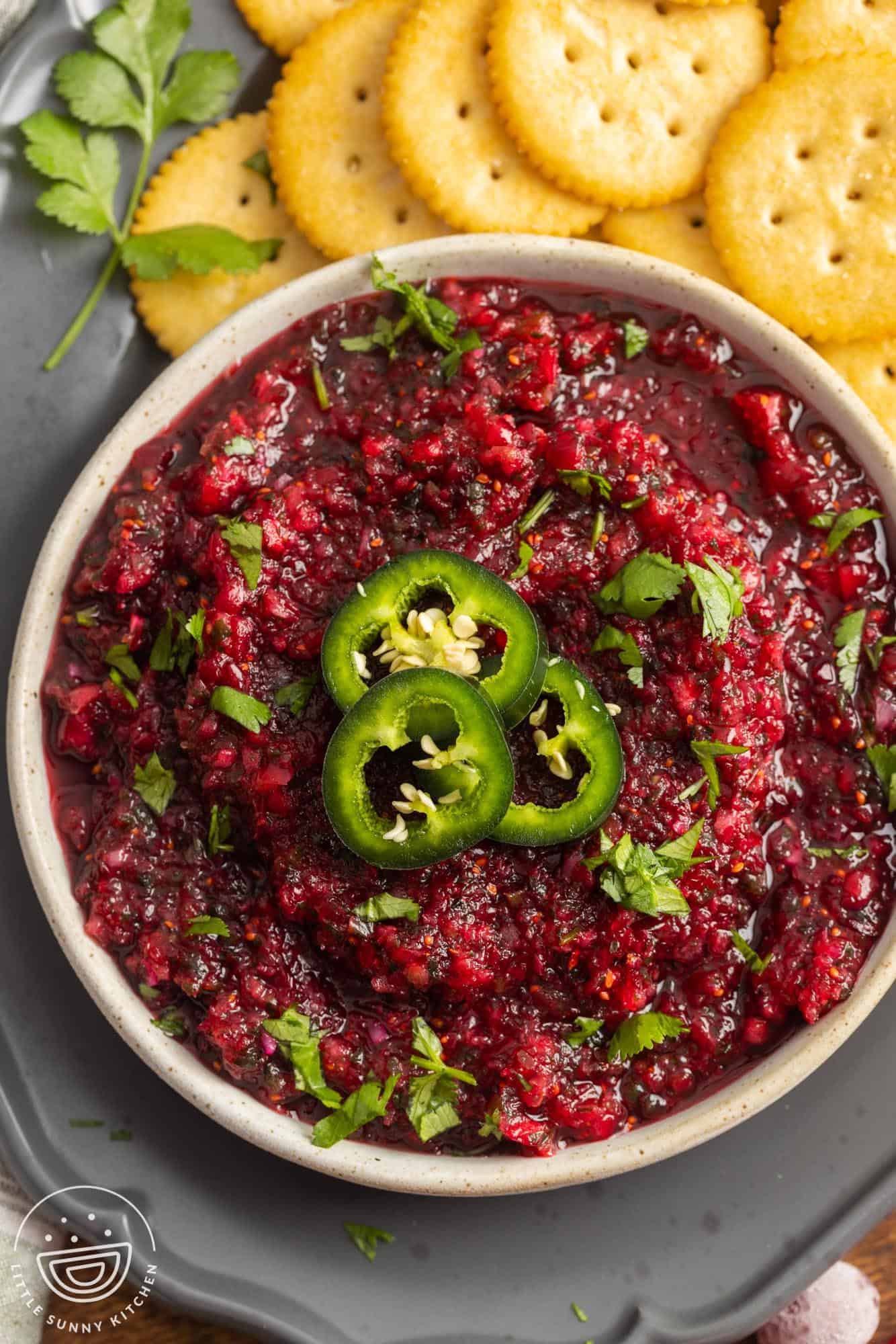 a large bowl of deep red cranberry salsa topped with chopped herbs and sliced jalapenos