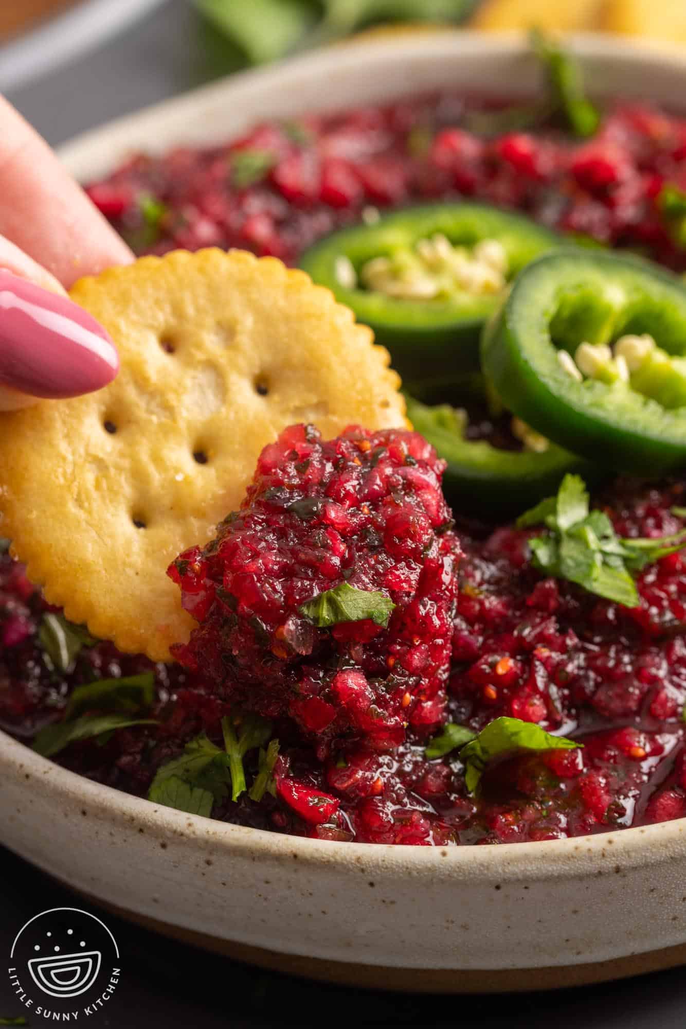 a hand dipping a cracker into a bowl of cranberry salsa.