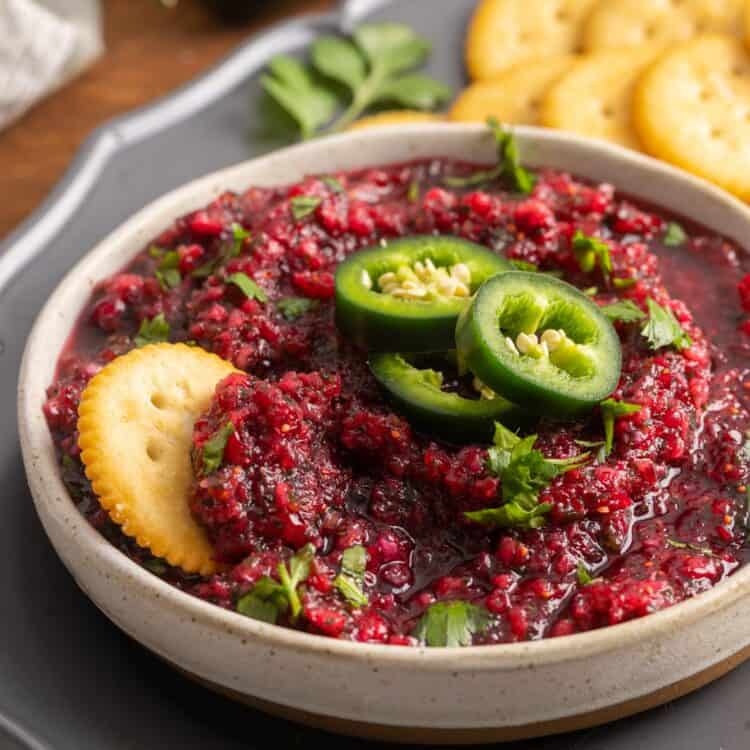 a bowl of cranberry salsa with a cracker in it.