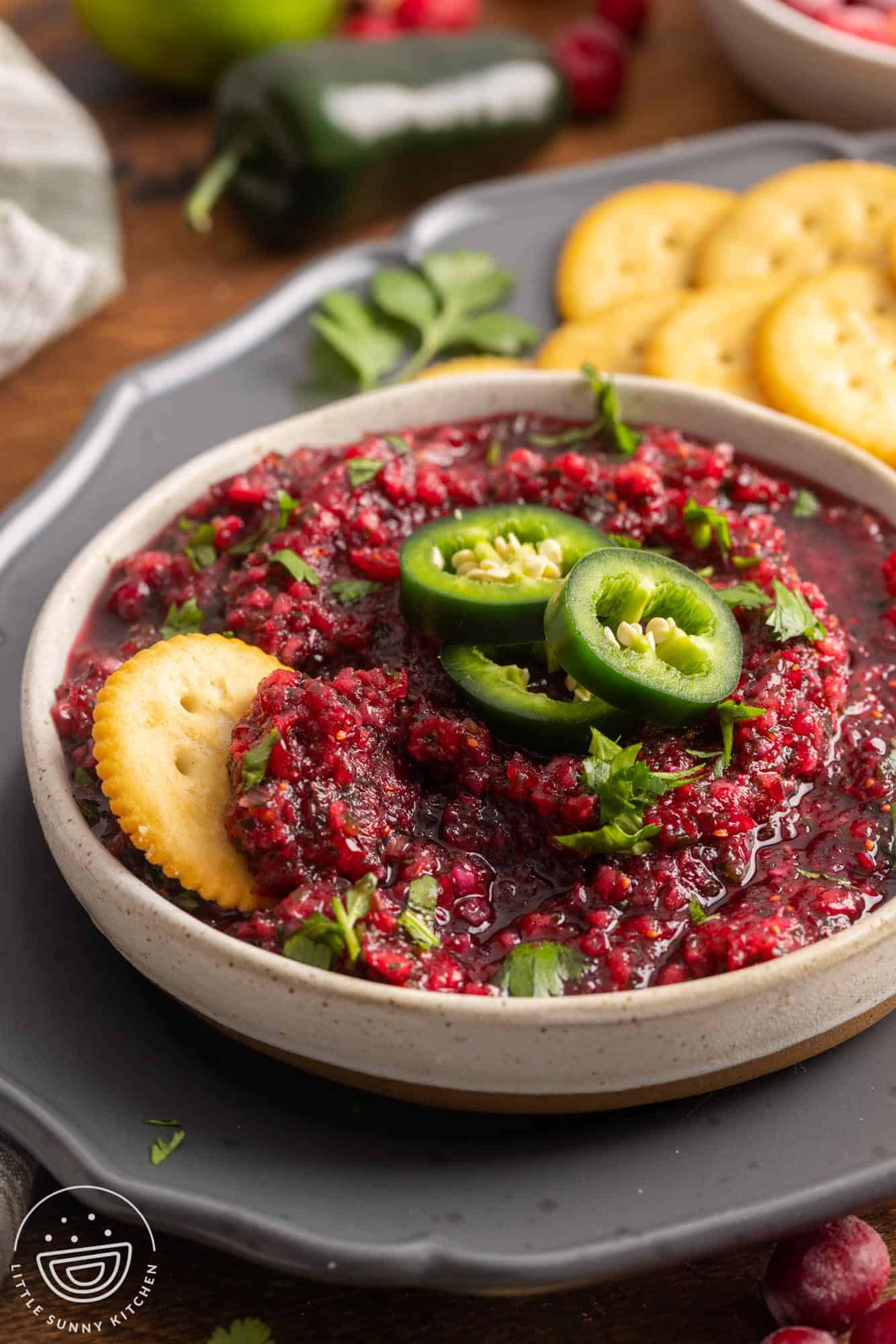 a bowl of cranberry salsa with a cracker in it.