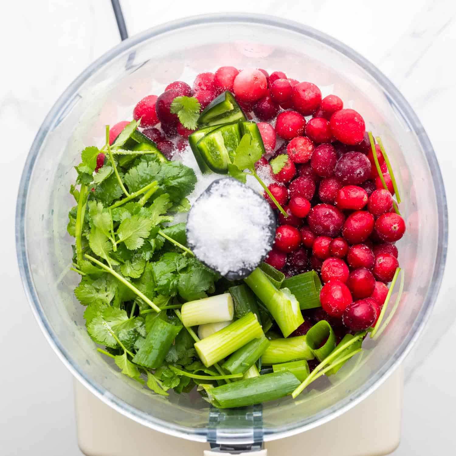 cranberries in a food processor with salt, sugar, herbs, peppers, and green onion.