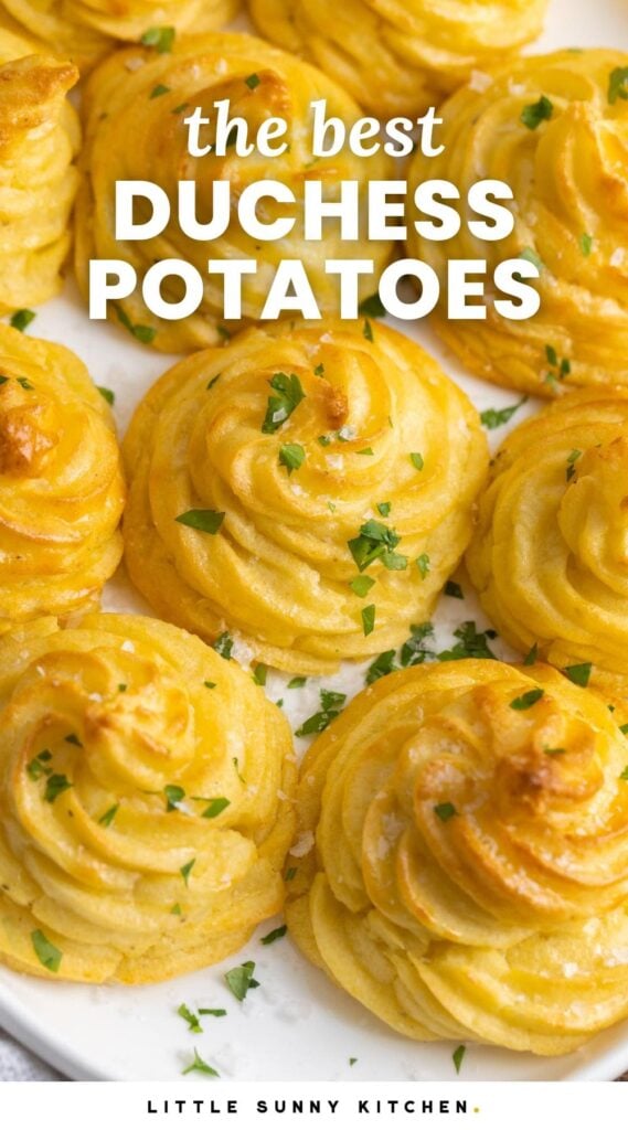 browned swirled duchess potatoes on a platter. Text overlay says "the best duchess potatoes"