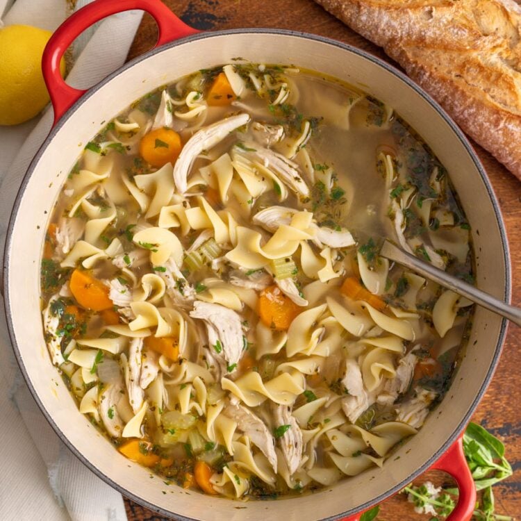 a red handled dutch oven of chicken soup with egg noodles, garnished with parsley, sitting on a wooden board.