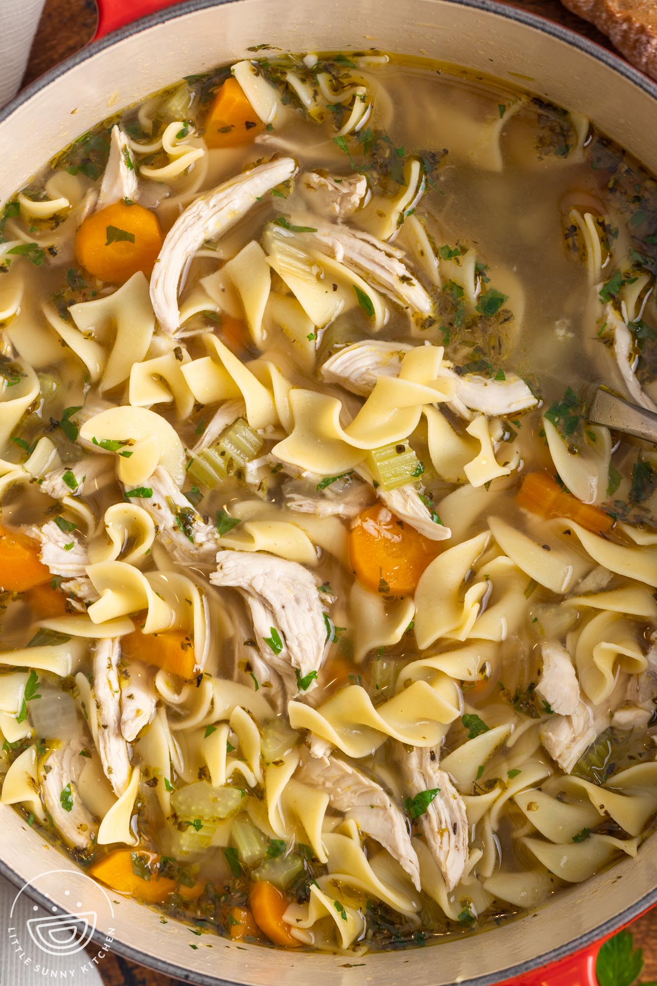 overhead view of a pot of chicken noodle soup.