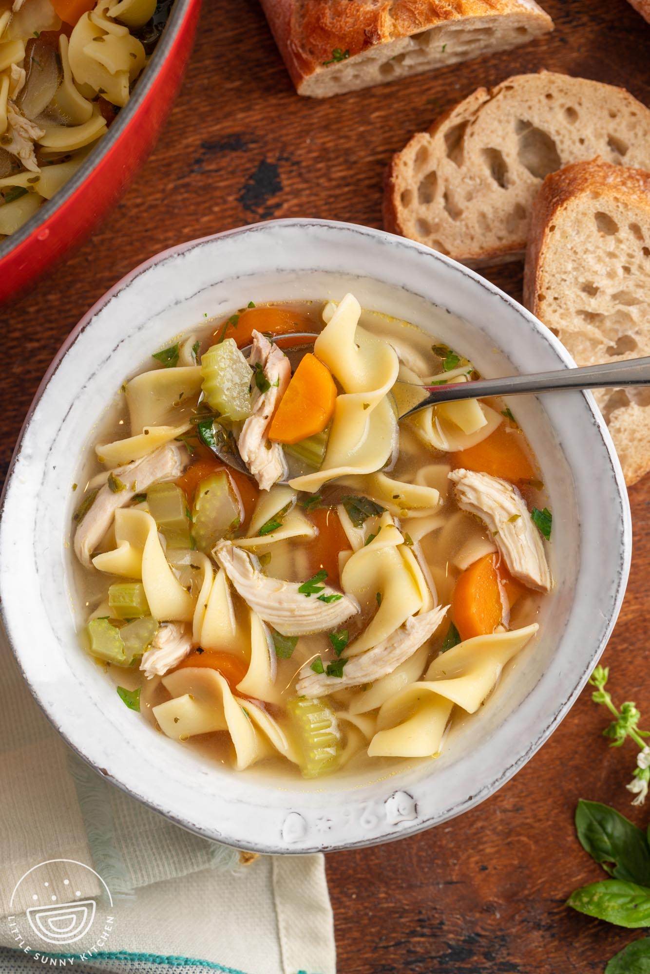 overhead view of a bowl of homemade chicken soup with egg noodles.